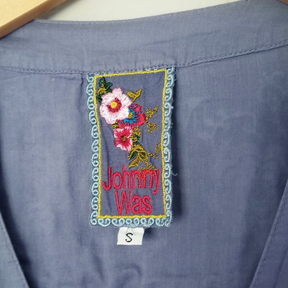 Johnny Was Blue White Embroidered Pintuck Pleats Rolled Tab Sleeves Blouse Top S - Picture 5 of 14